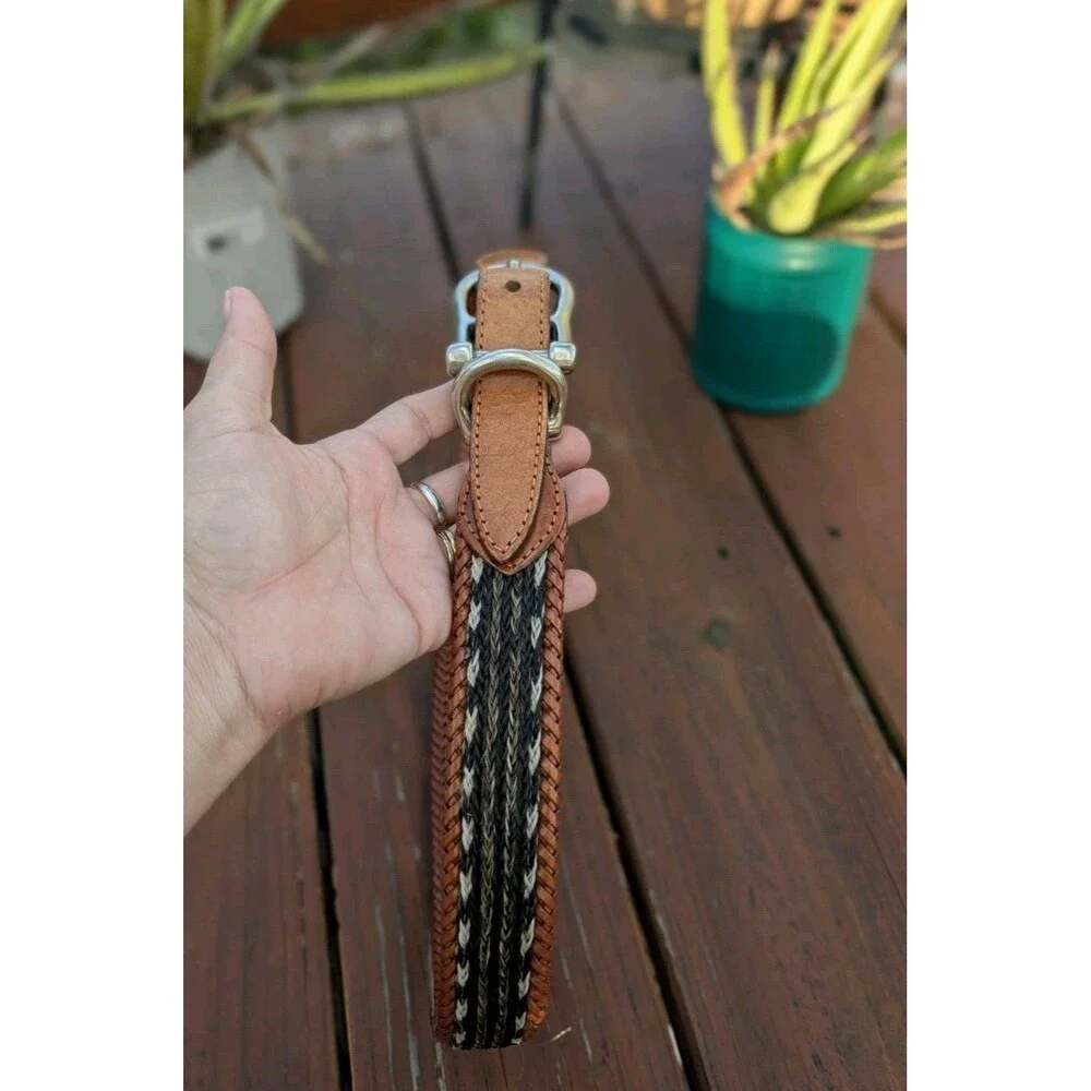 Willis & Geiger Braided Horsehair Woven Brown Leather Belt Silver Buckle 36
